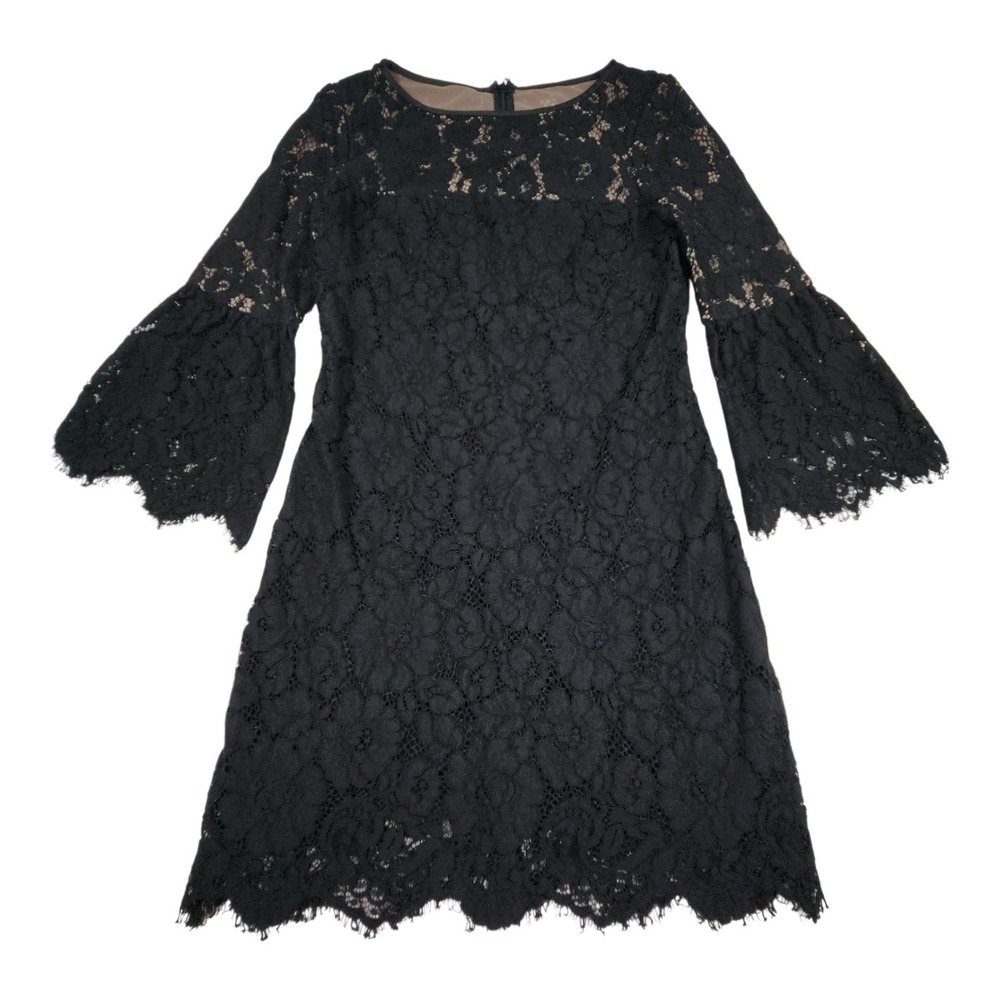 Lauren Ralph Lauren Lace Bell Sleeve Dress 6 Black Nude Floral Shift Whimsigoth - Picture 1 of 15